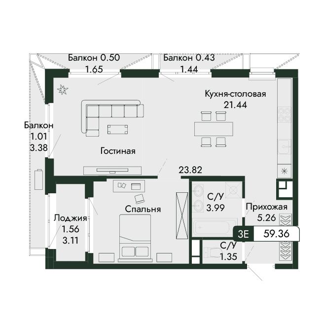 2-к, 59.36 м² · Парковая Резиденция