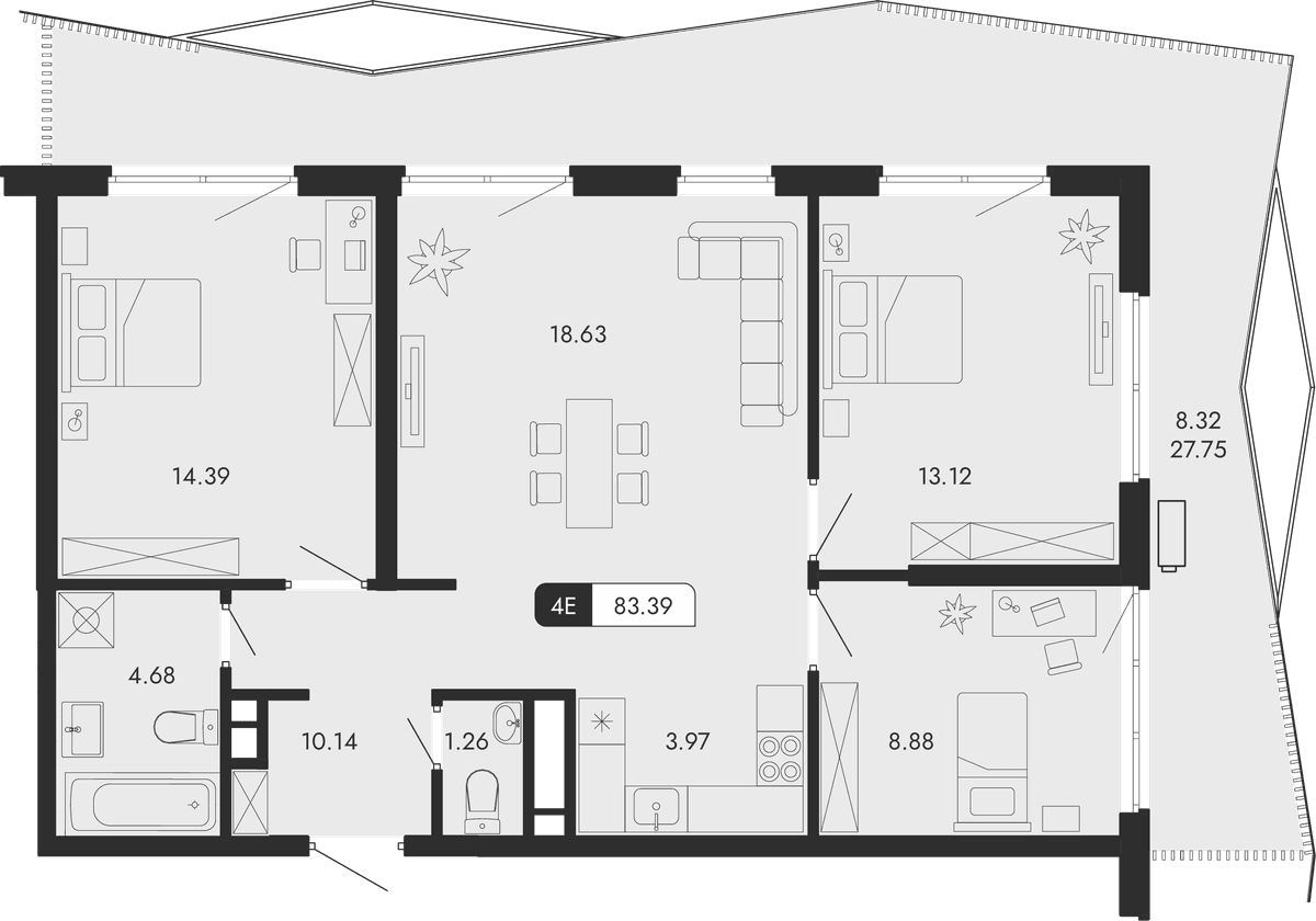 4-к, 83.39 м² · Парковая Резиденция