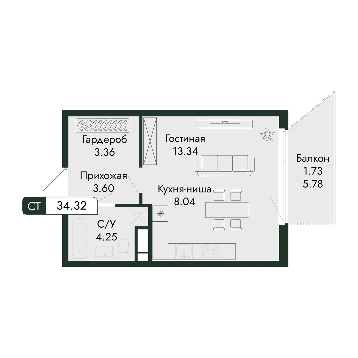 1-к, 34.32 м² · Парковая Резиденция