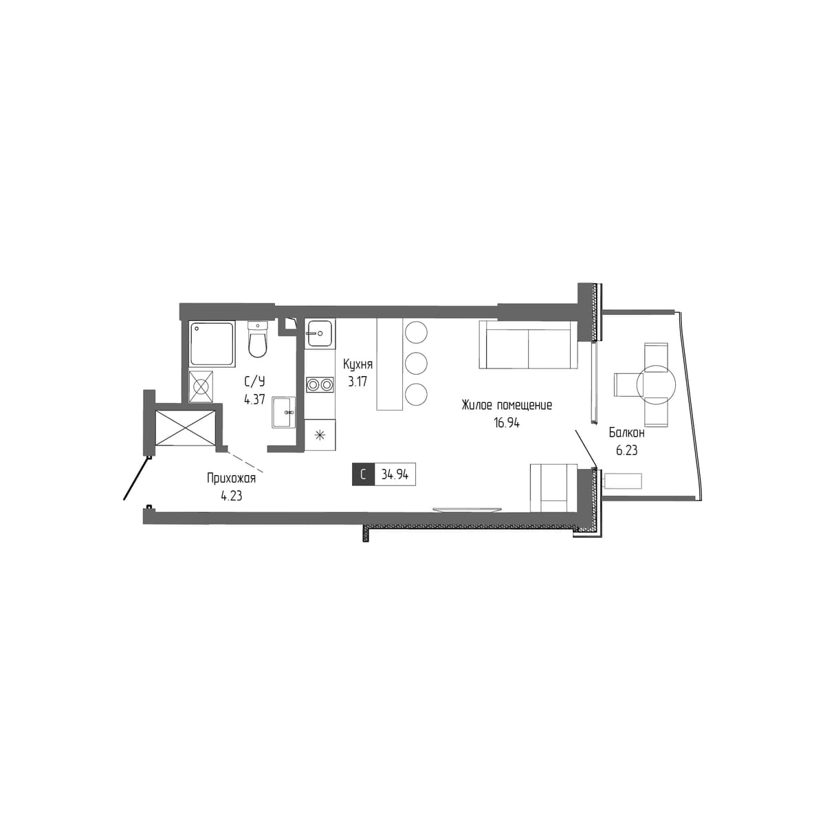 1-к, 34.94 м² · Крымская Резиденция