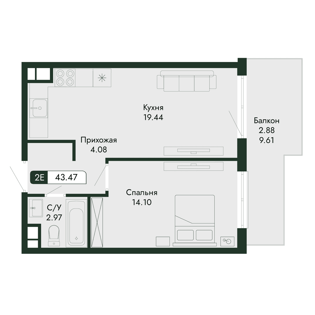 2-к, 43.47 м² · Парковая Резиденция