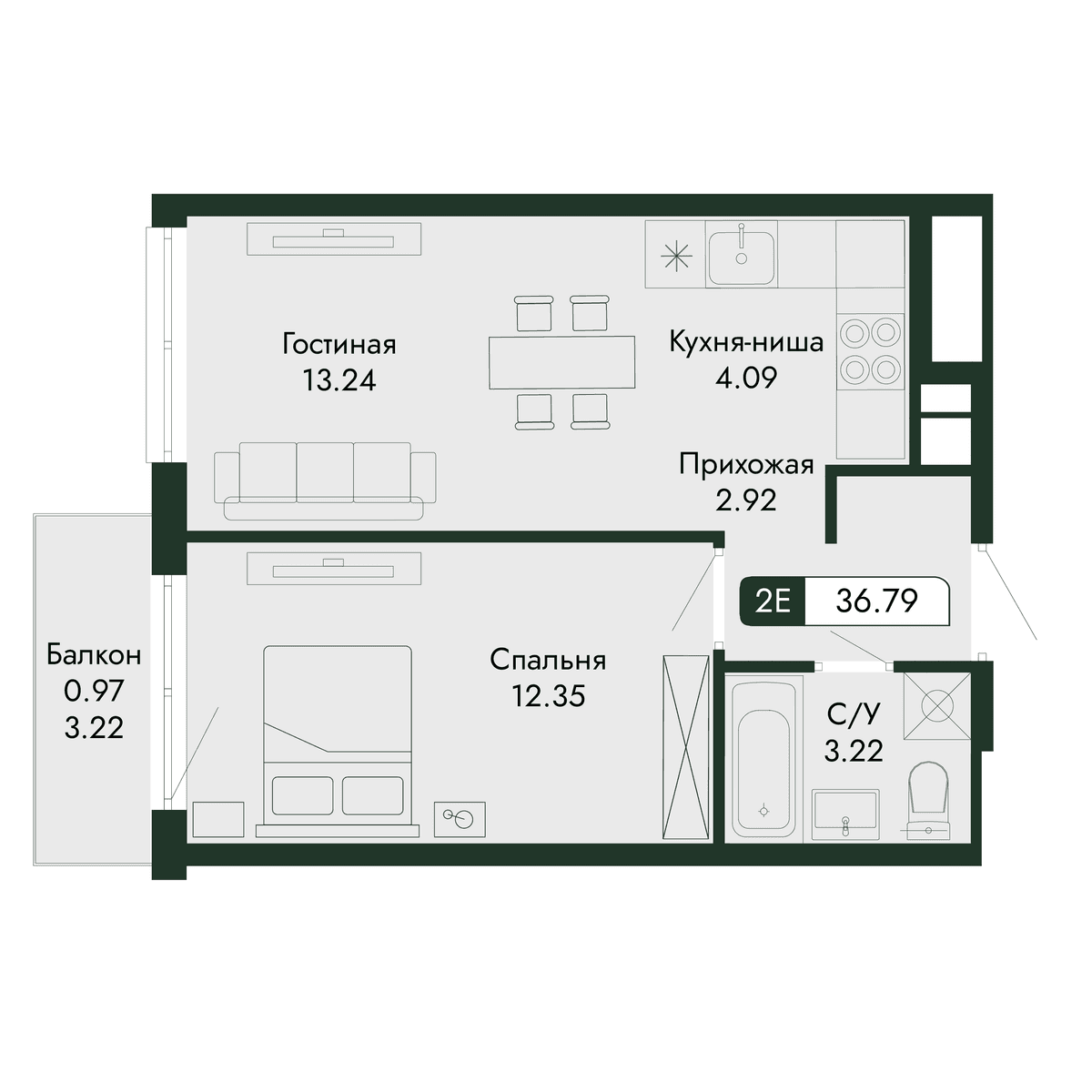 2-к, 36.79 м² · Парковая Резиденция