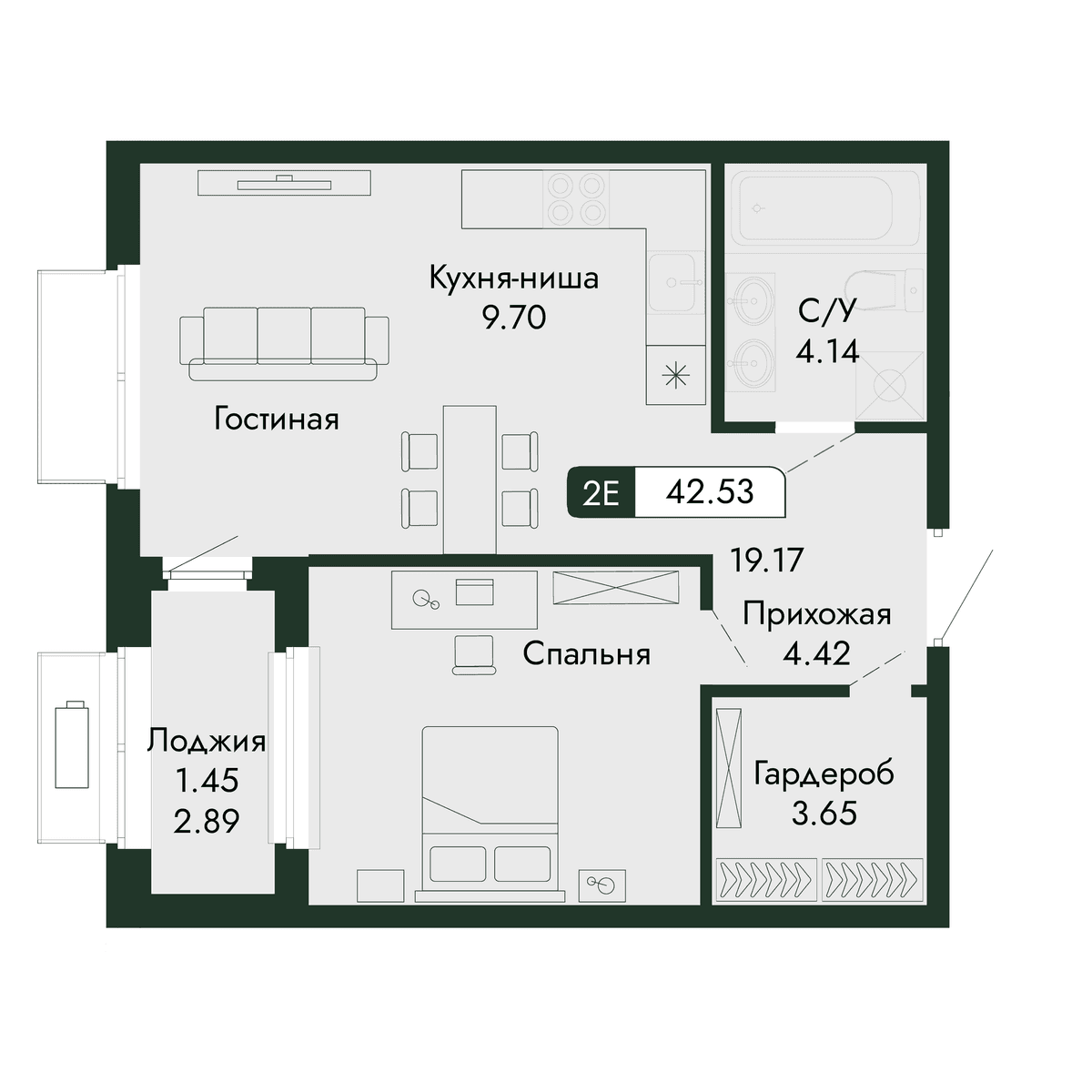 2-к, 42.53 м² · Парковая Резиденция