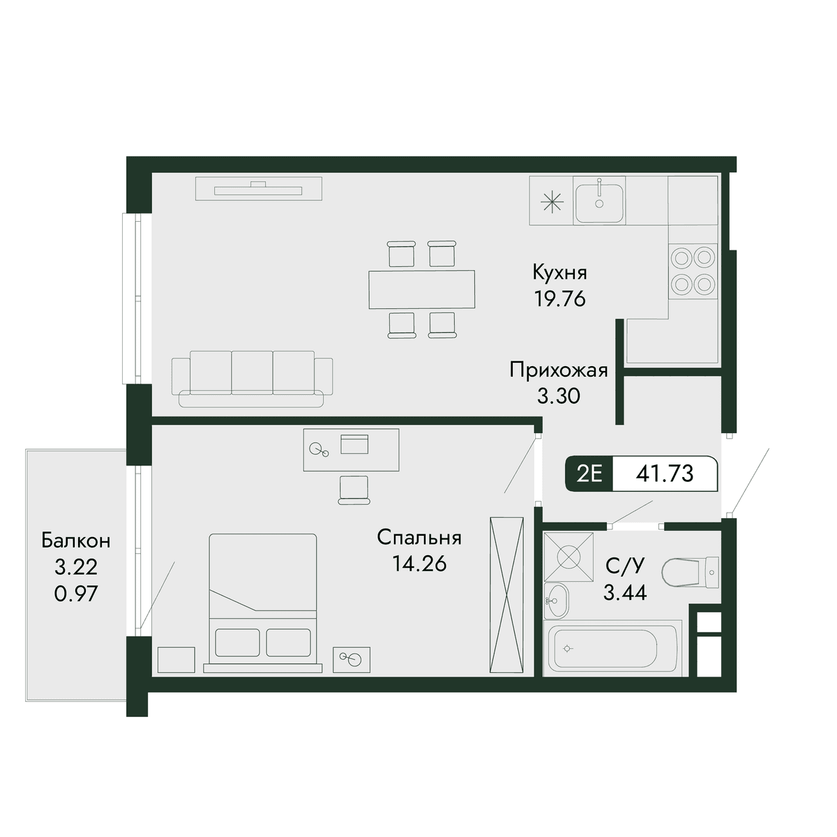2-к, 41.73 м² · Парковая Резиденция