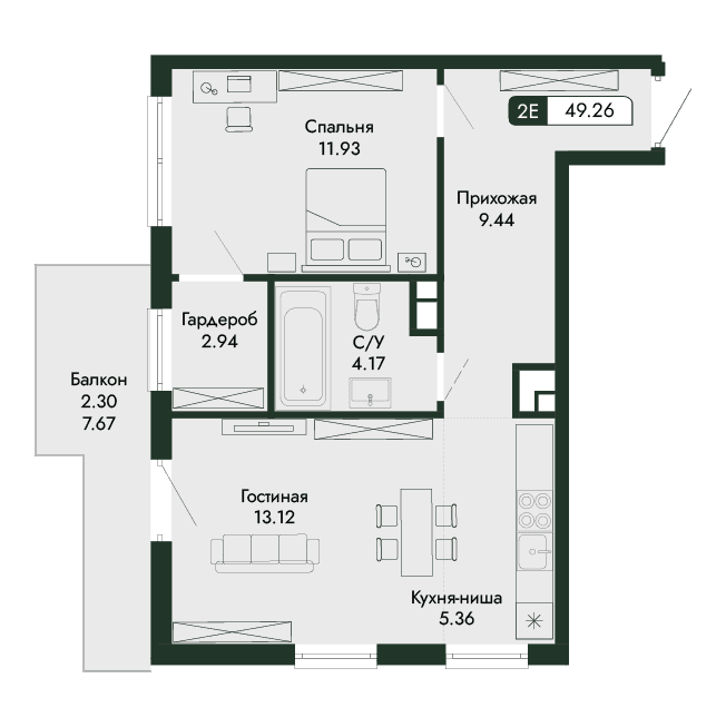 2-к, 49.26 м² · Парковая Резиденция