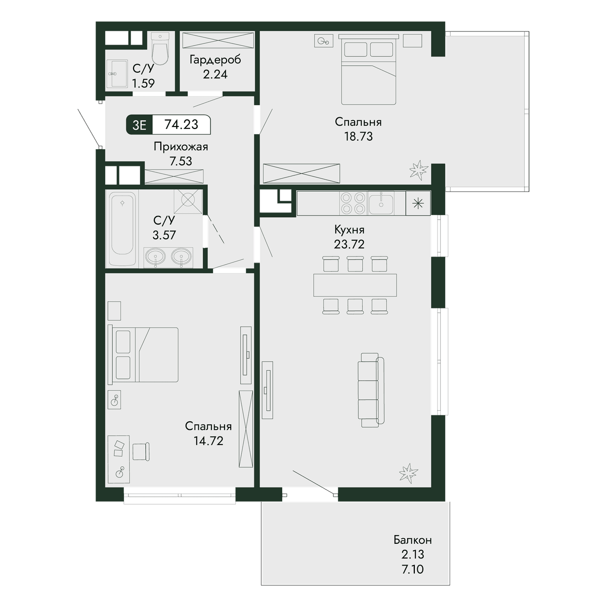 3-к, 74.23 м² · Парковая Резиденция