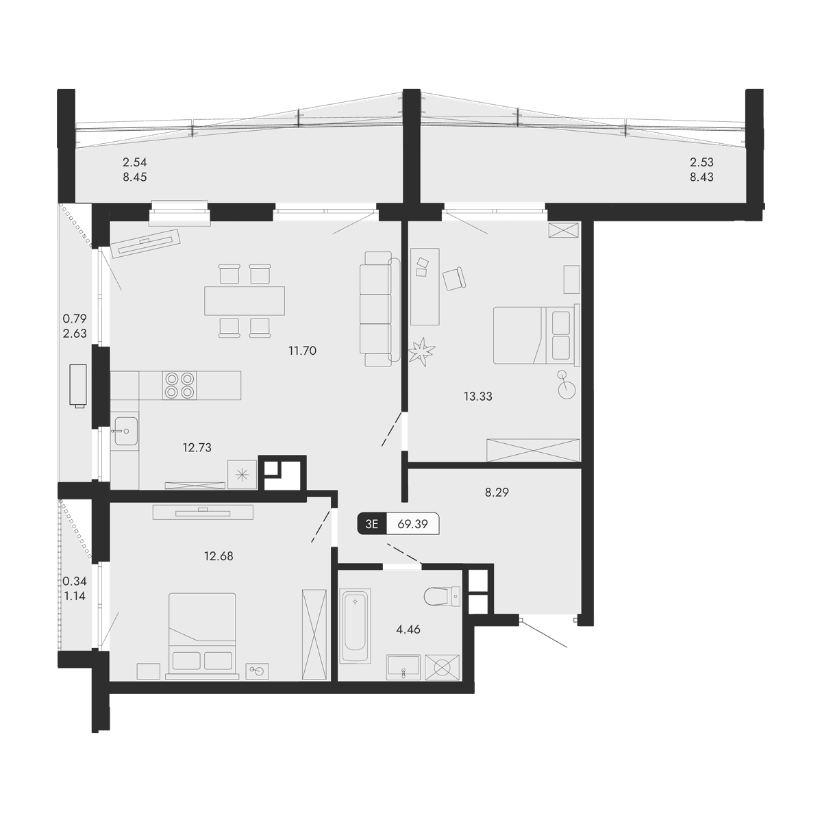 3-к, 69.39 м² · Парковая Резиденция