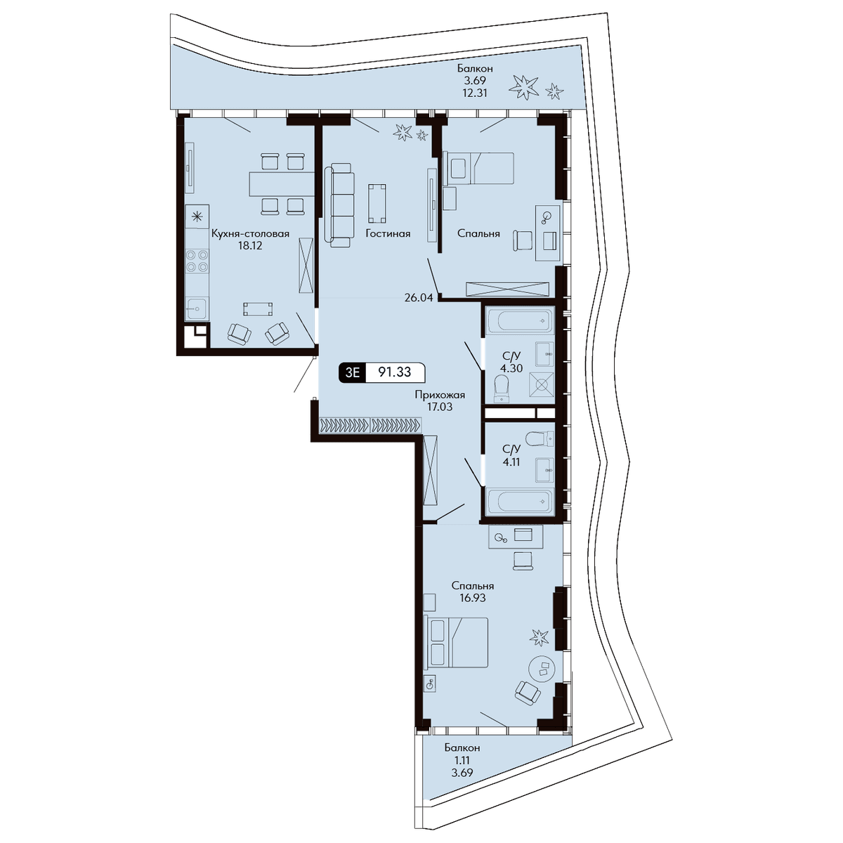 4-к, 91.33 м² · Ялтинская Резиденция
