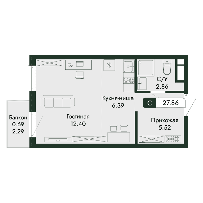 1-к, 27.86 м² · Парковая Резиденция