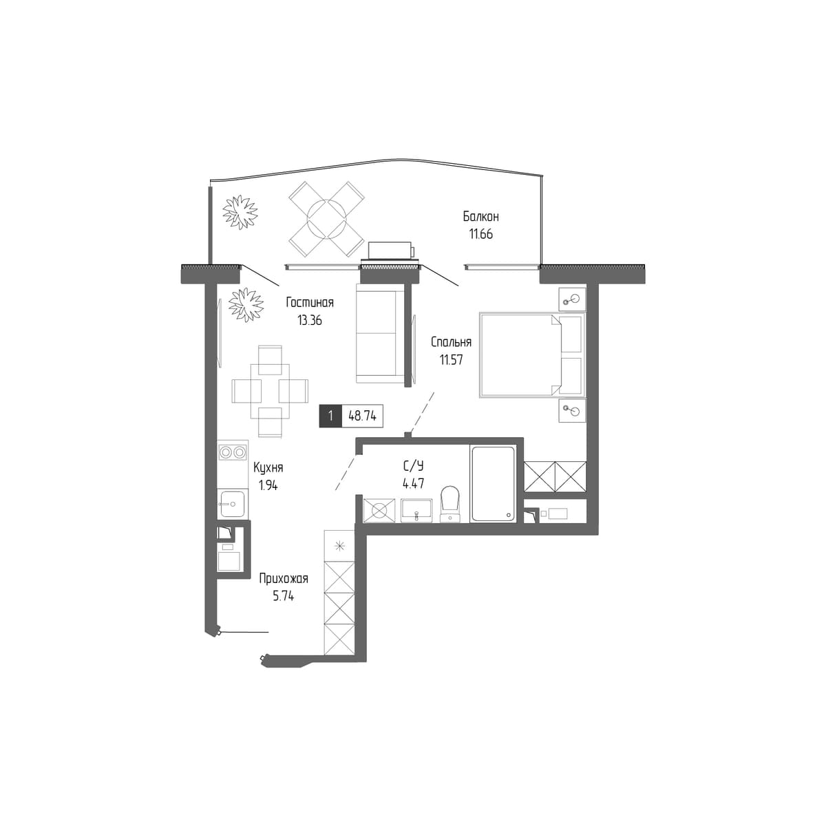 2-к, 48.74 м² · Крымская Резиденция