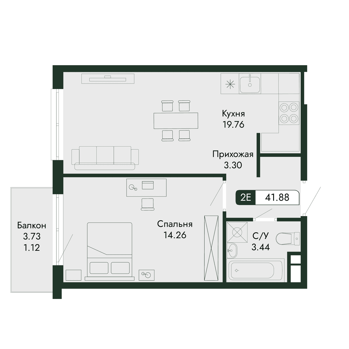 2-к, 41.88 м² · Парковая Резиденция