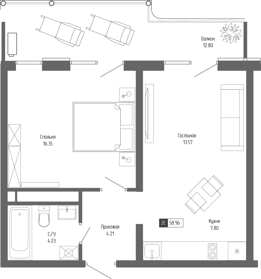 2-к, 58.96 м² · Крымская Резиденция