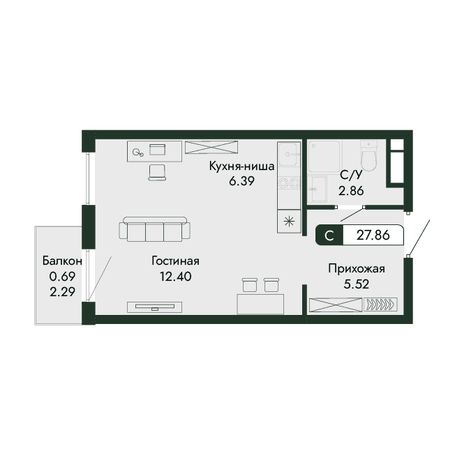 1-к, 27.86 м² · Парковая Резиденция