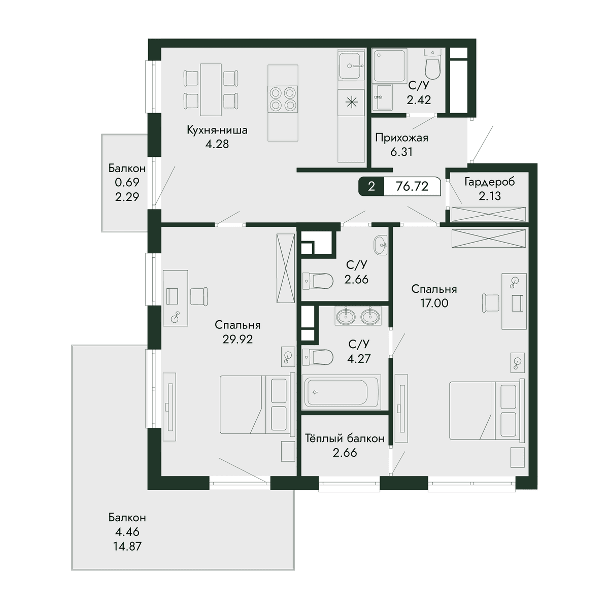 2-к, 76.72 м² · Парковая Резиденция
