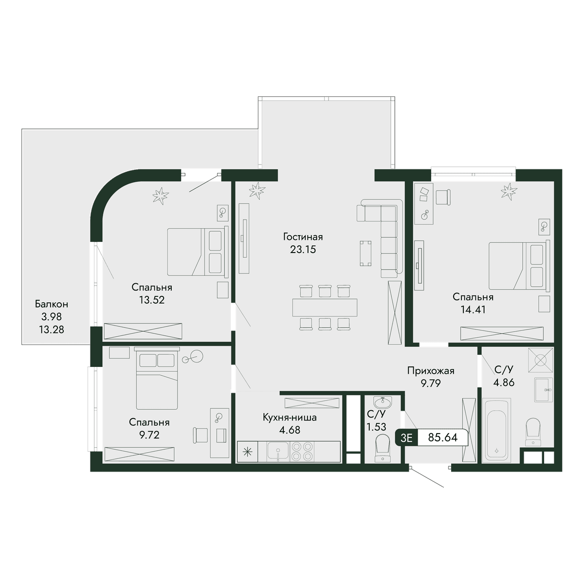 4-к, 85.64 м² · Парковая Резиденция