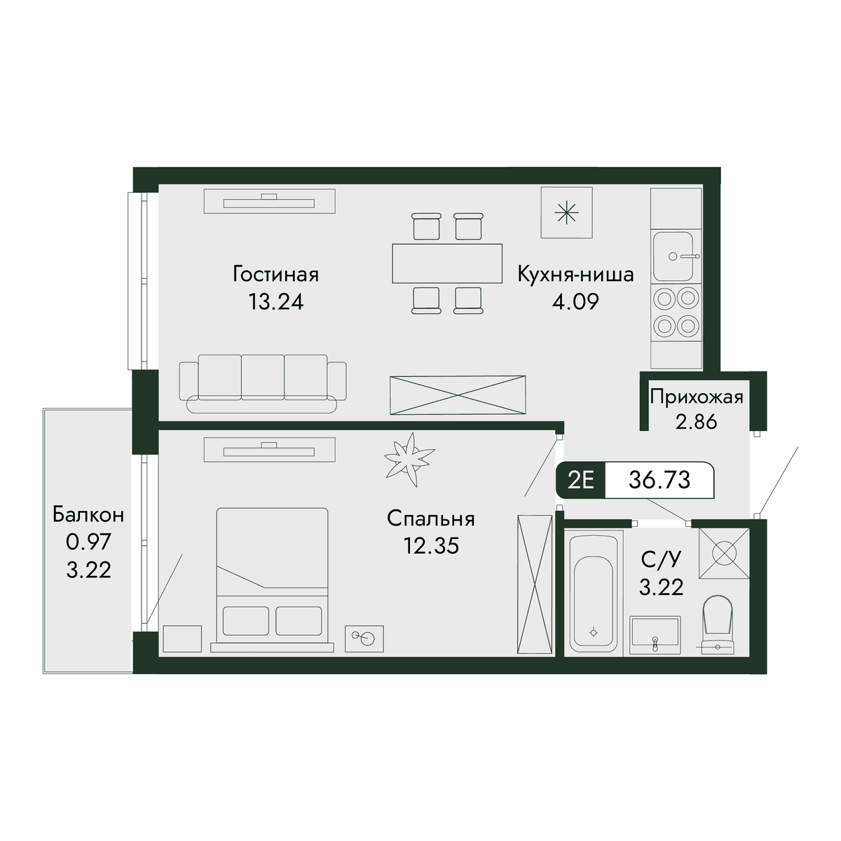 2-к, 36.73 м² · Парковая Резиденция