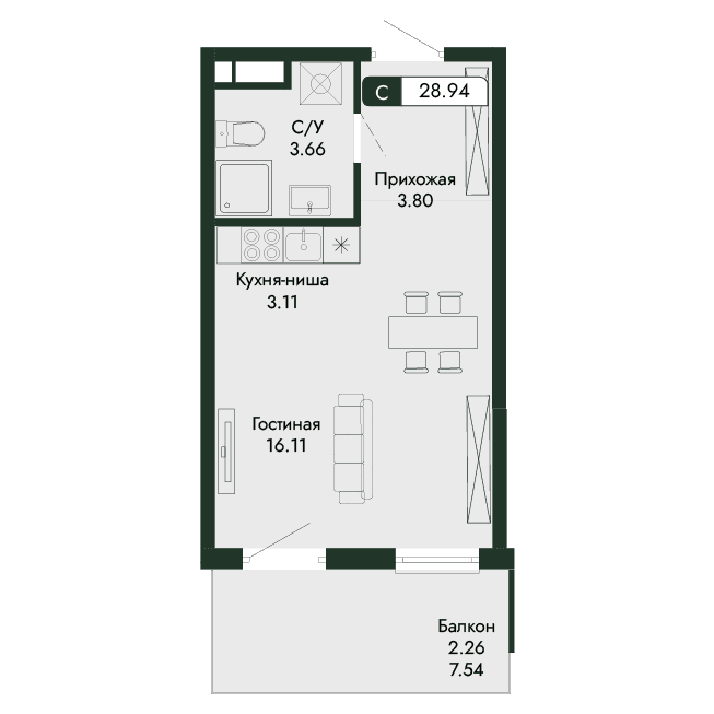 1-к, 28.94 м² · Парковая Резиденция