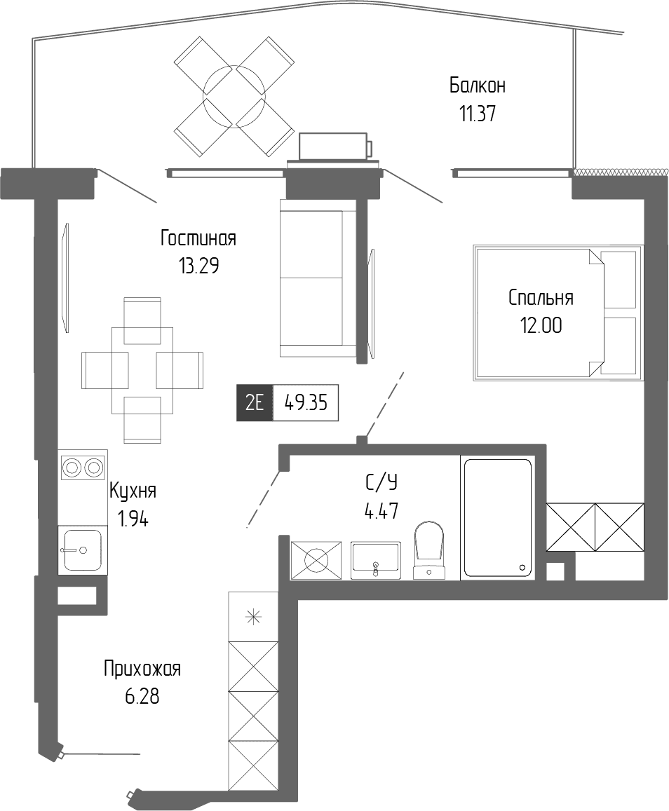 2-к, 49.35 м² · Крымская Резиденция