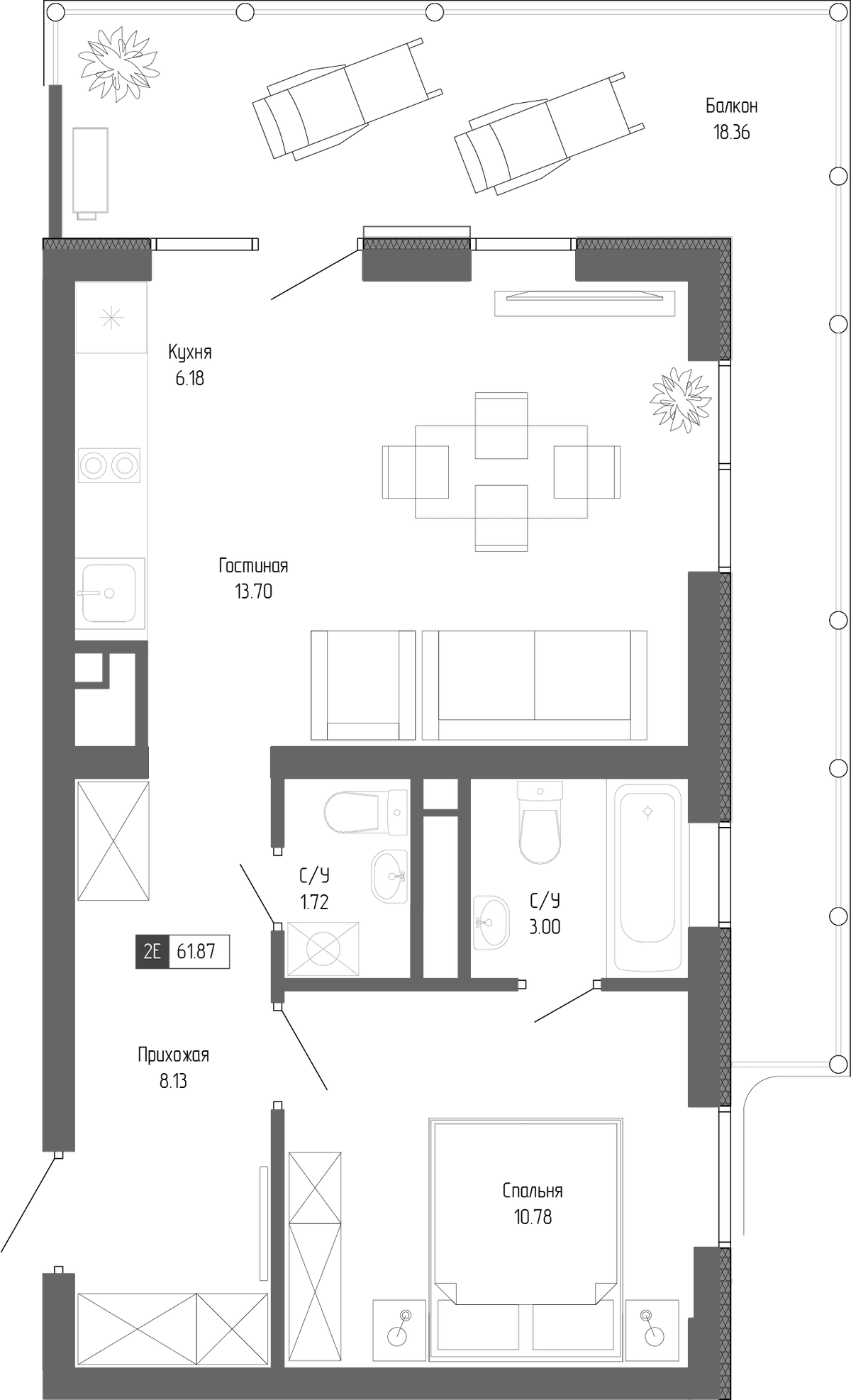 2-к, 61.87 м² · Крымская Резиденция