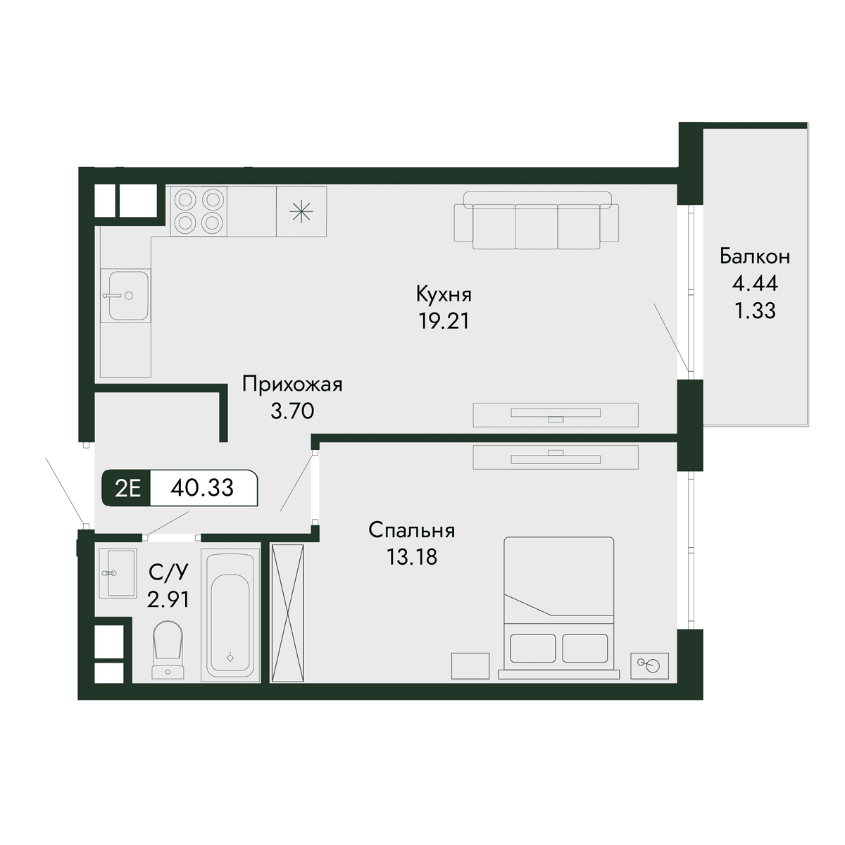 2-к, 40.33 м² · Парковая Резиденция