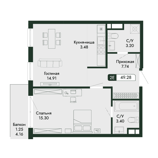 2-к, 49.28 м² · Парковая Резиденция