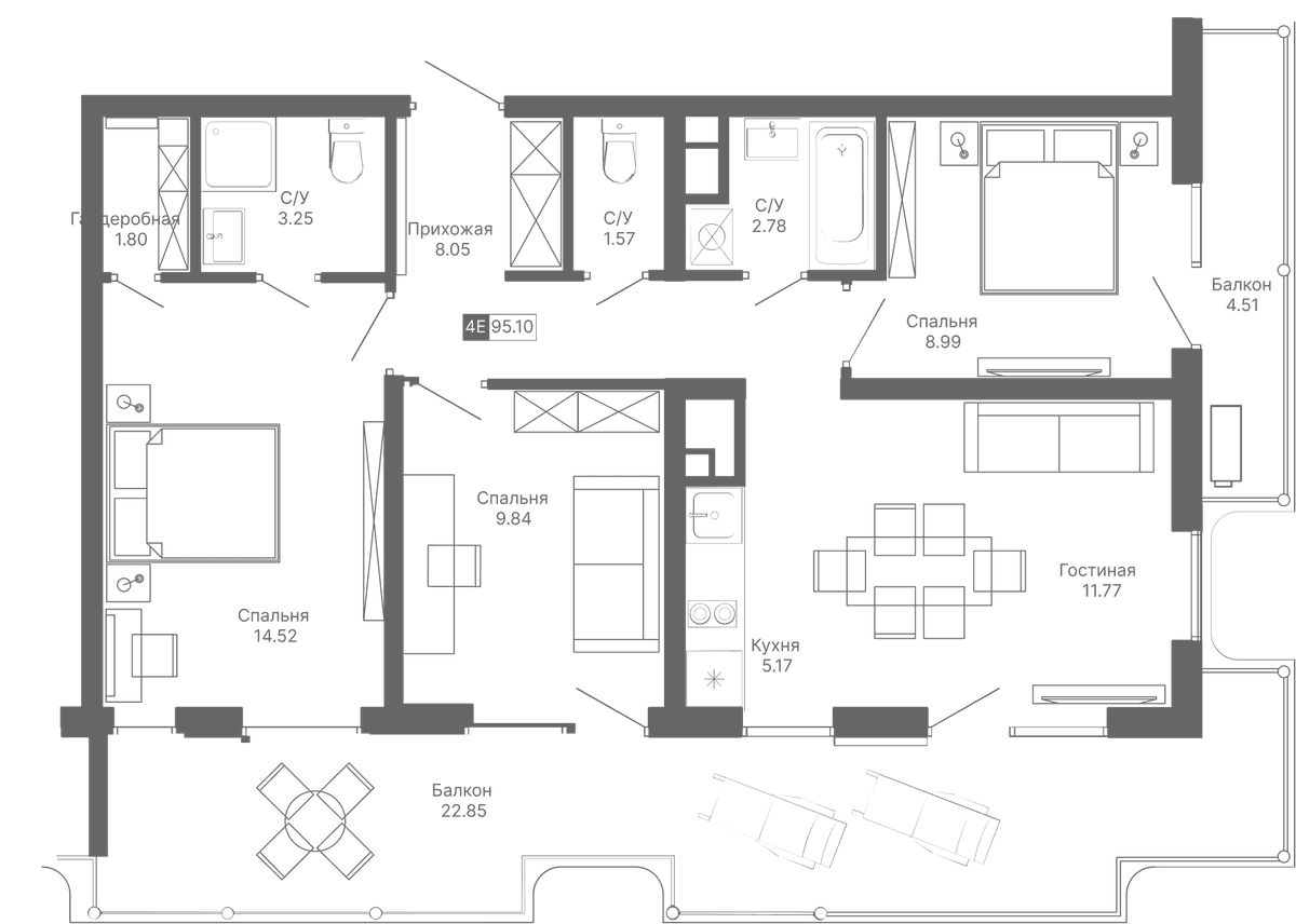 4-к, 95.1 м² · Крымская Резиденция