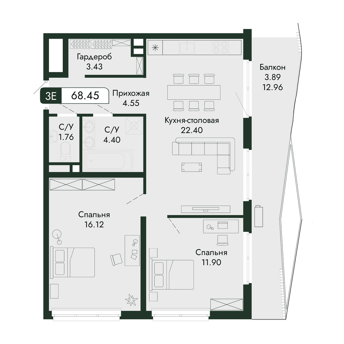 3-к, 68.45 м² · Парковая Резиденция