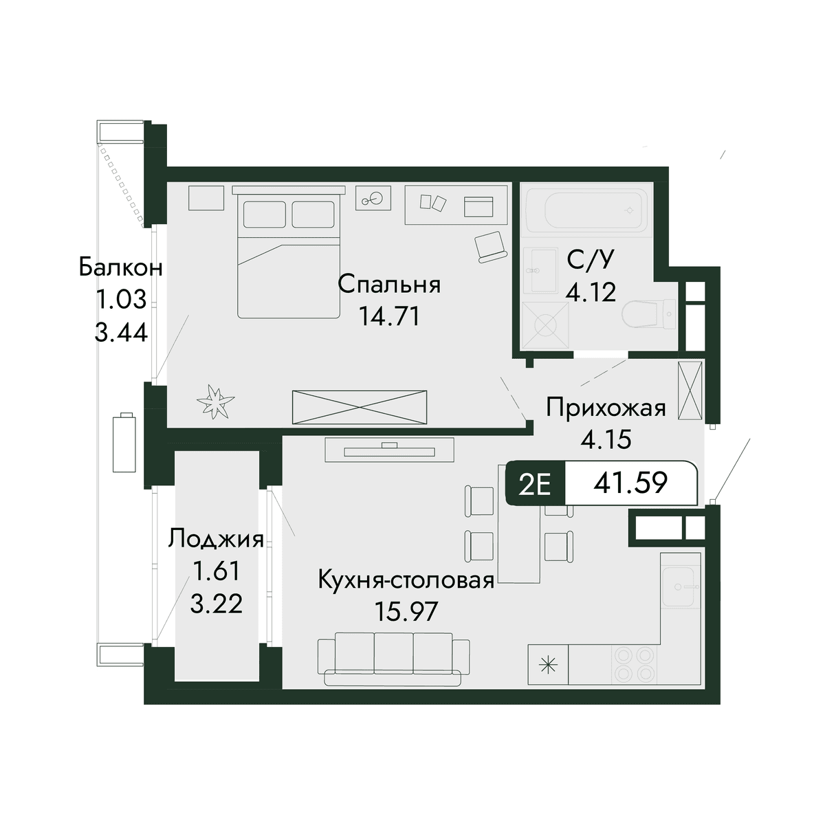 2-к, 41.59 м² · Парковая Резиденция