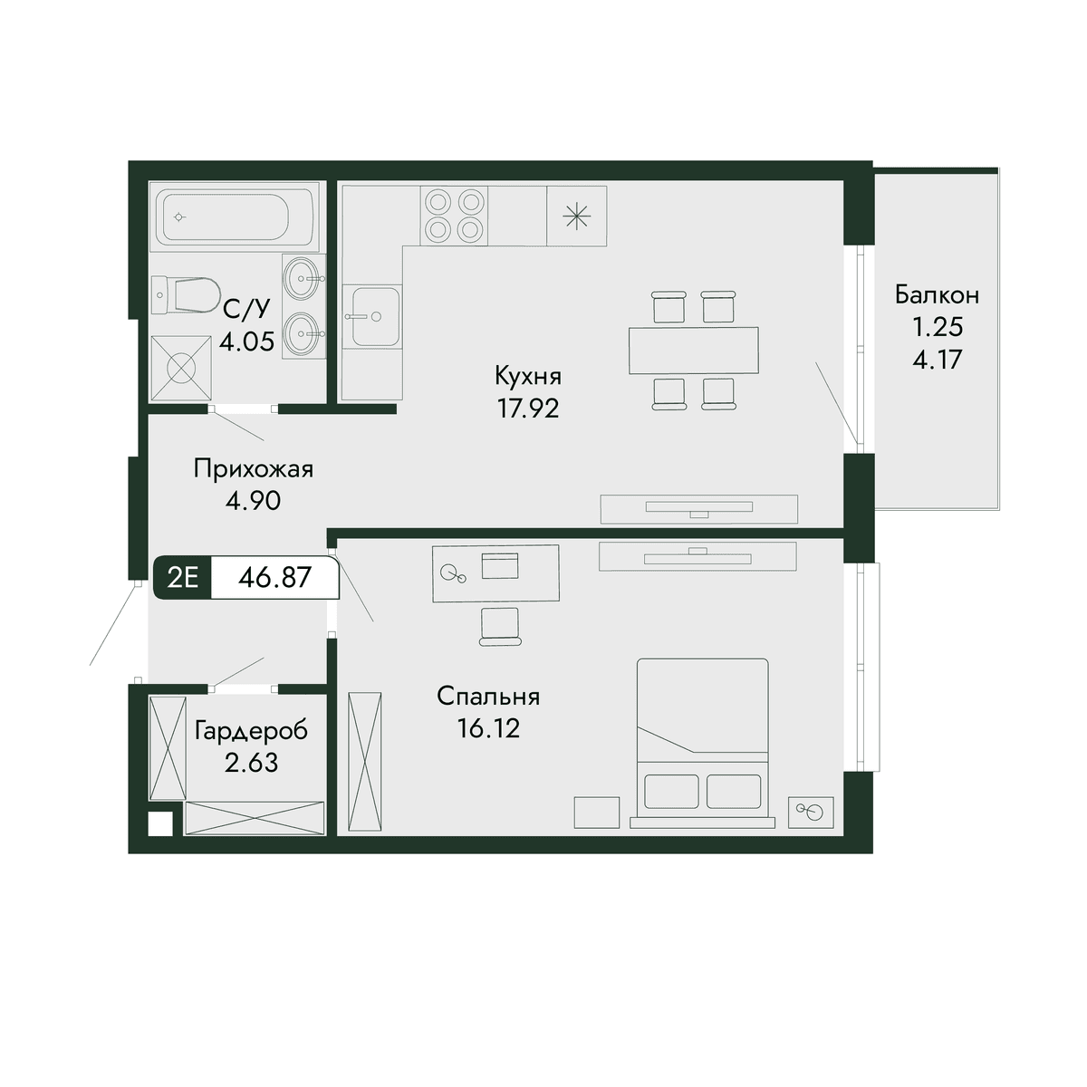2-к, 46.87 м² · Парковая Резиденция