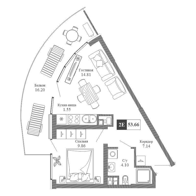 2-к, 53.66 м² · Крымская Резиденция