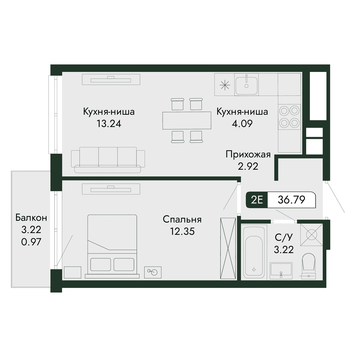 2-к, 36.79 м² · Парковая Резиденция
