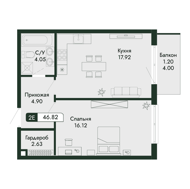 2-к, 46.82 м² · Парковая Резиденция