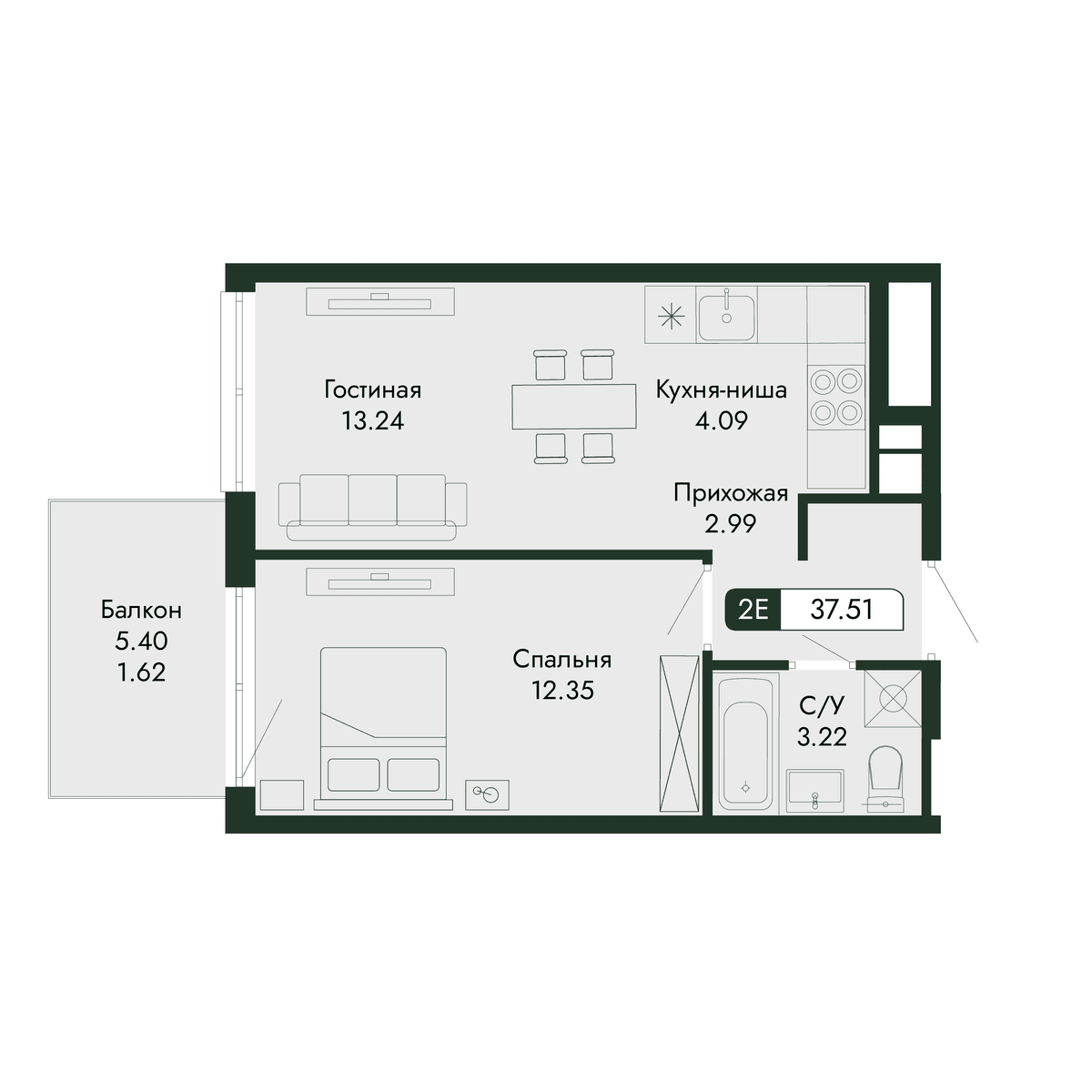 2-к, 37.51 м² · Парковая Резиденция