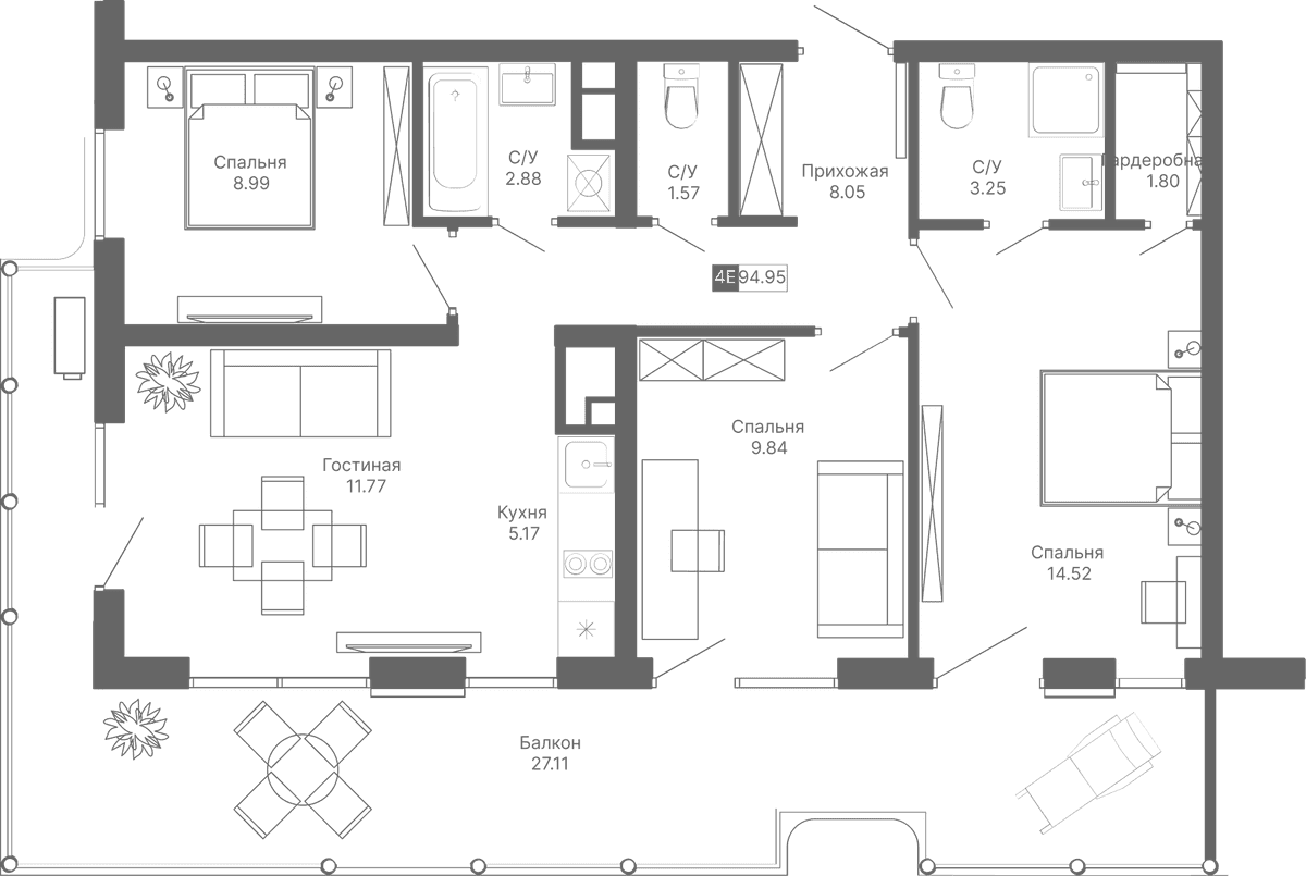 4-к, 94.95 м² · Крымская Резиденция