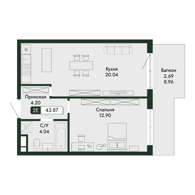 2-к, 43.87 м² · Парковая Резиденция