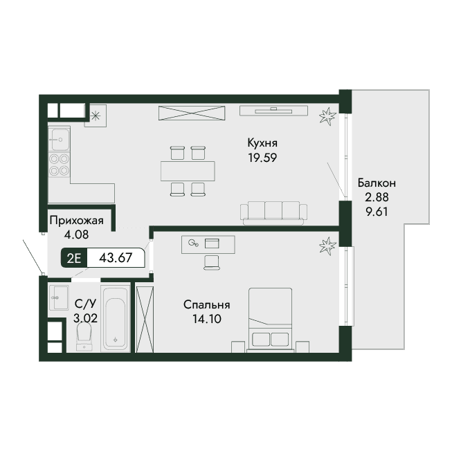 2-к, 43.67 м² · Парковая Резиденция