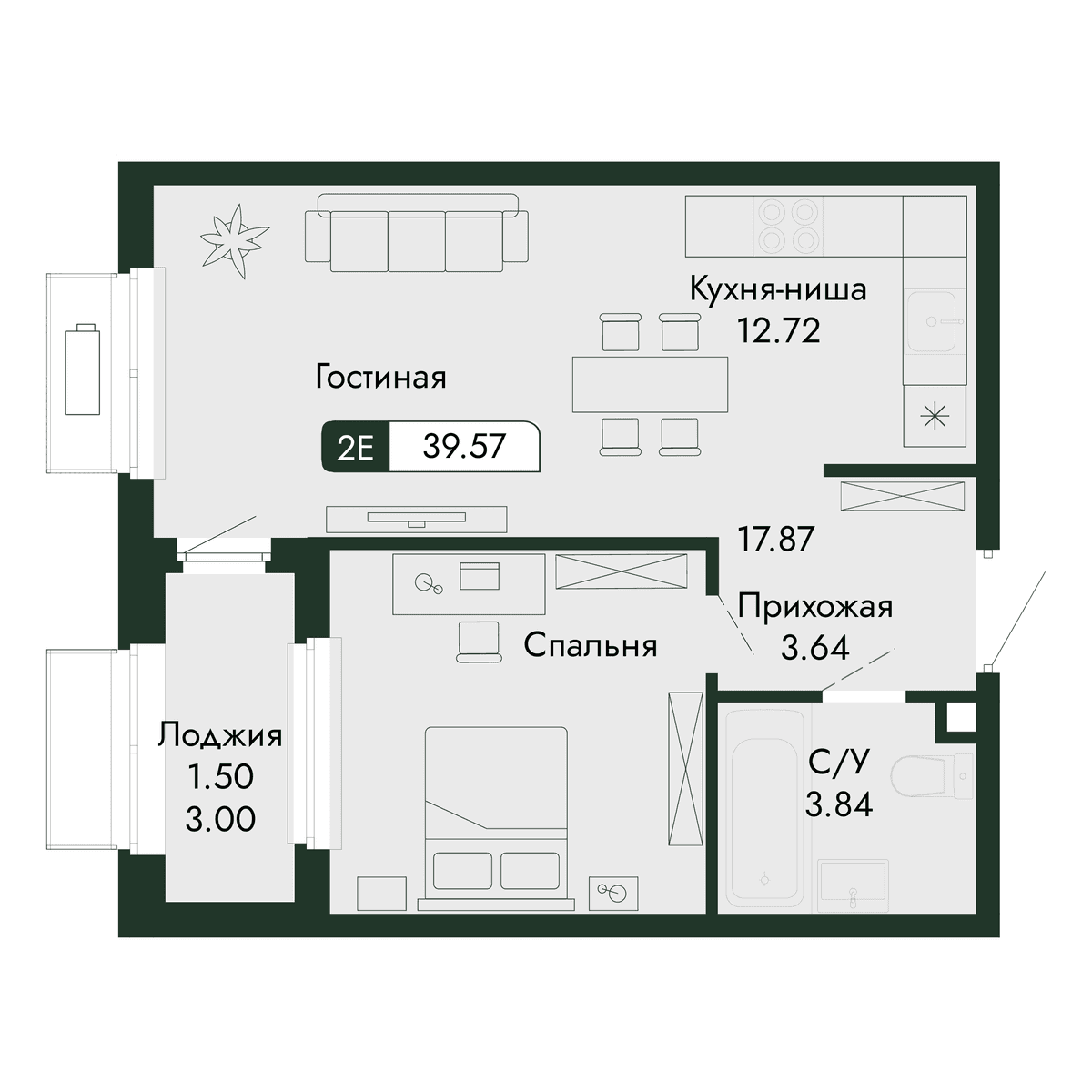 2-к, 39.57 м² · Парковая Резиденция