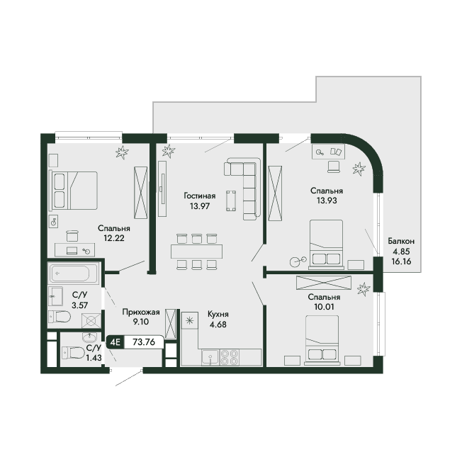 4-к, 73.76 м² · Парковая Резиденция