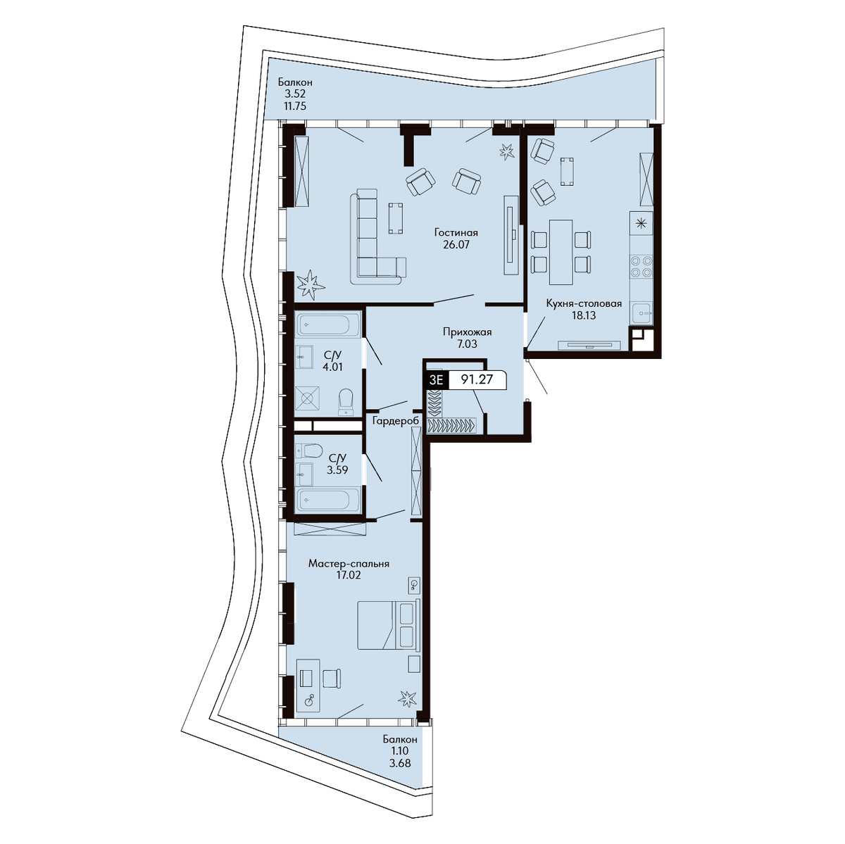 4-к, 91.27 м² · Ялтинская Резиденция