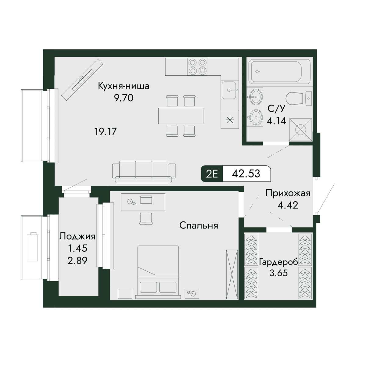 2-к, 42.53 м² · Парковая Резиденция
