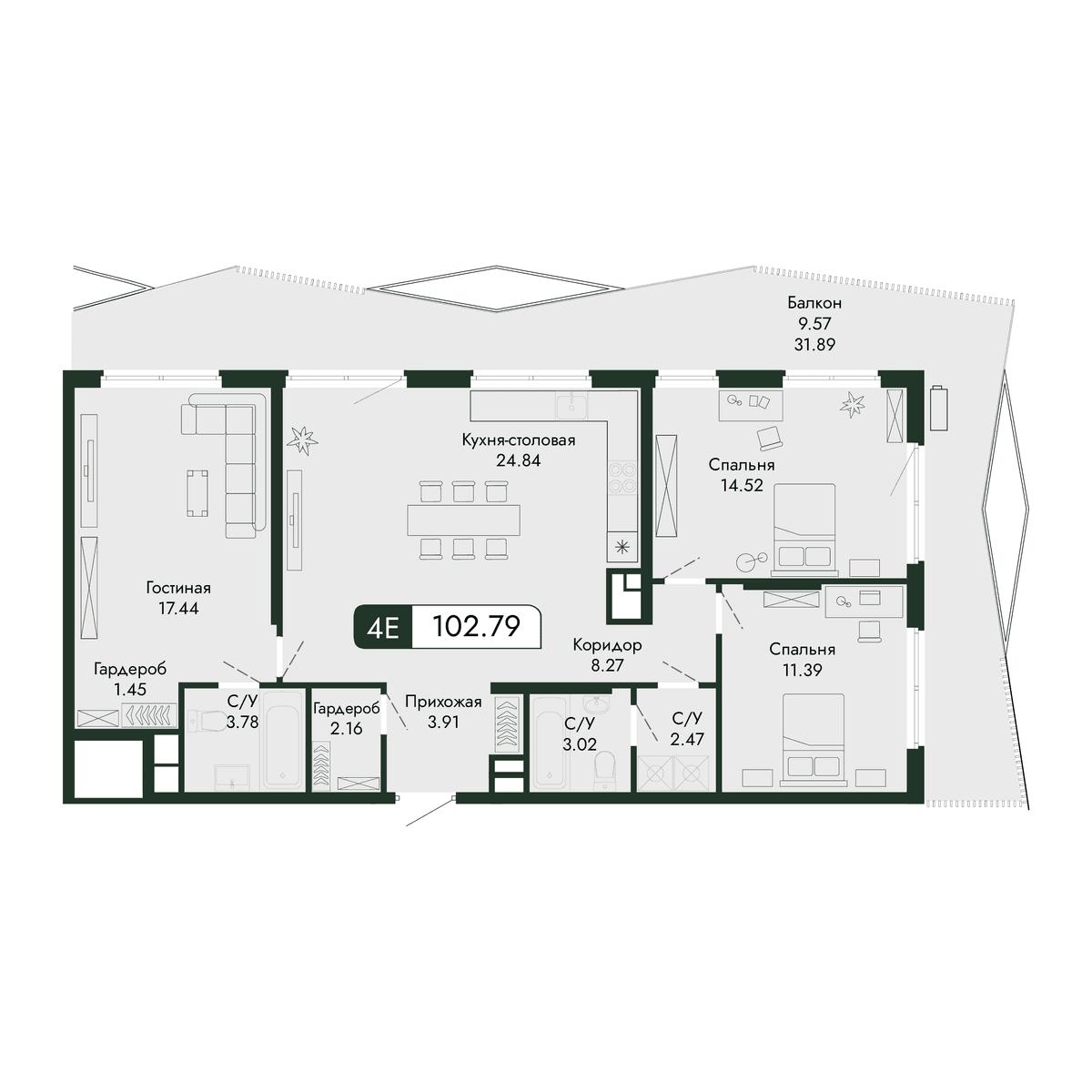 4-к, 102.79 м² · Парковая Резиденция