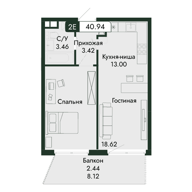 2-к, 40.94 м² · Парковая Резиденция