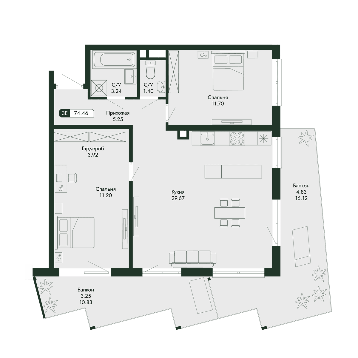 3-к, 74.46 м² · Парковая Резиденция