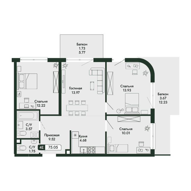 4-к, 75.05 м² · Парковая Резиденция