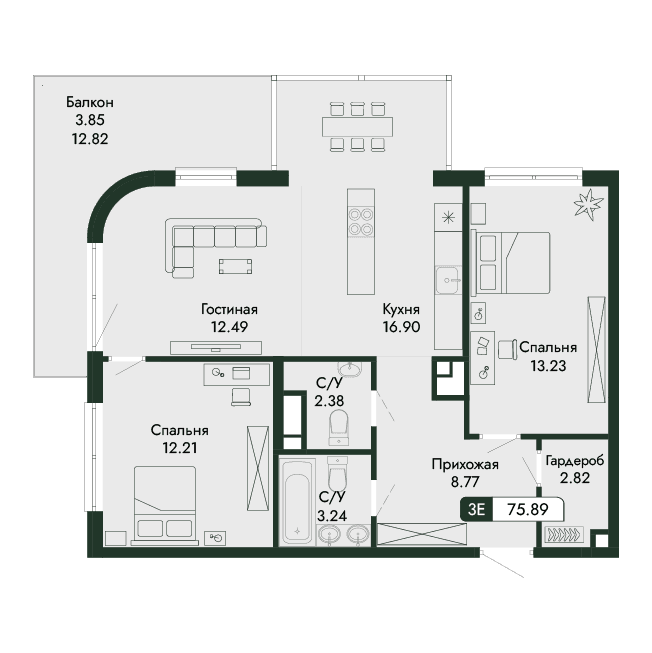 3-к, 75.89 м² · Парковая Резиденция