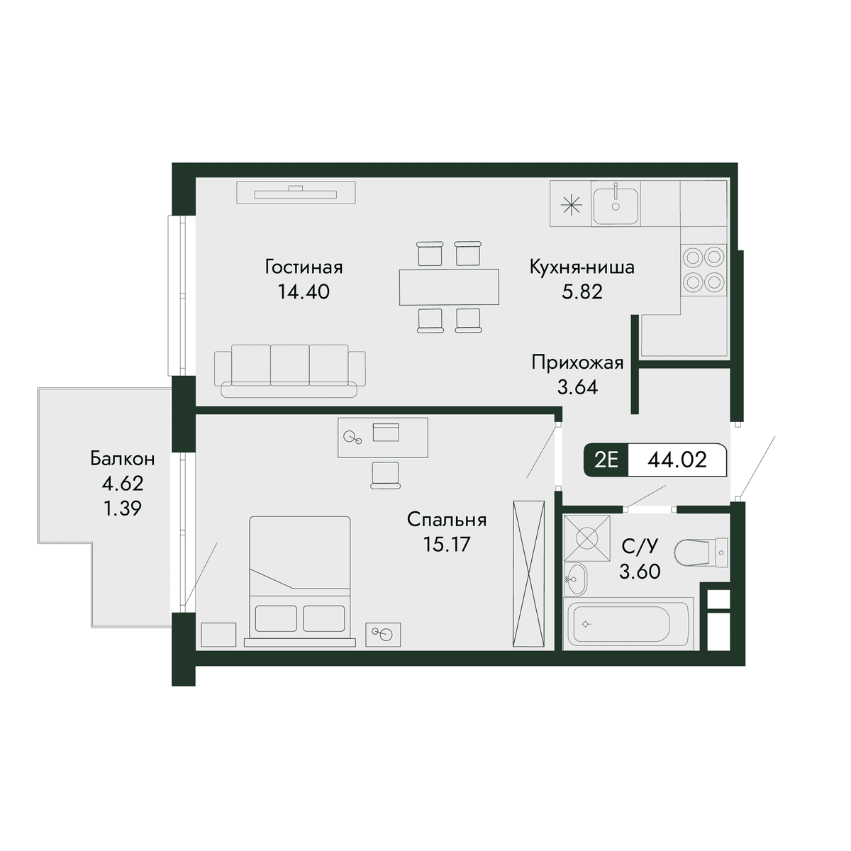 2-к, 44.02 м² · Парковая Резиденция