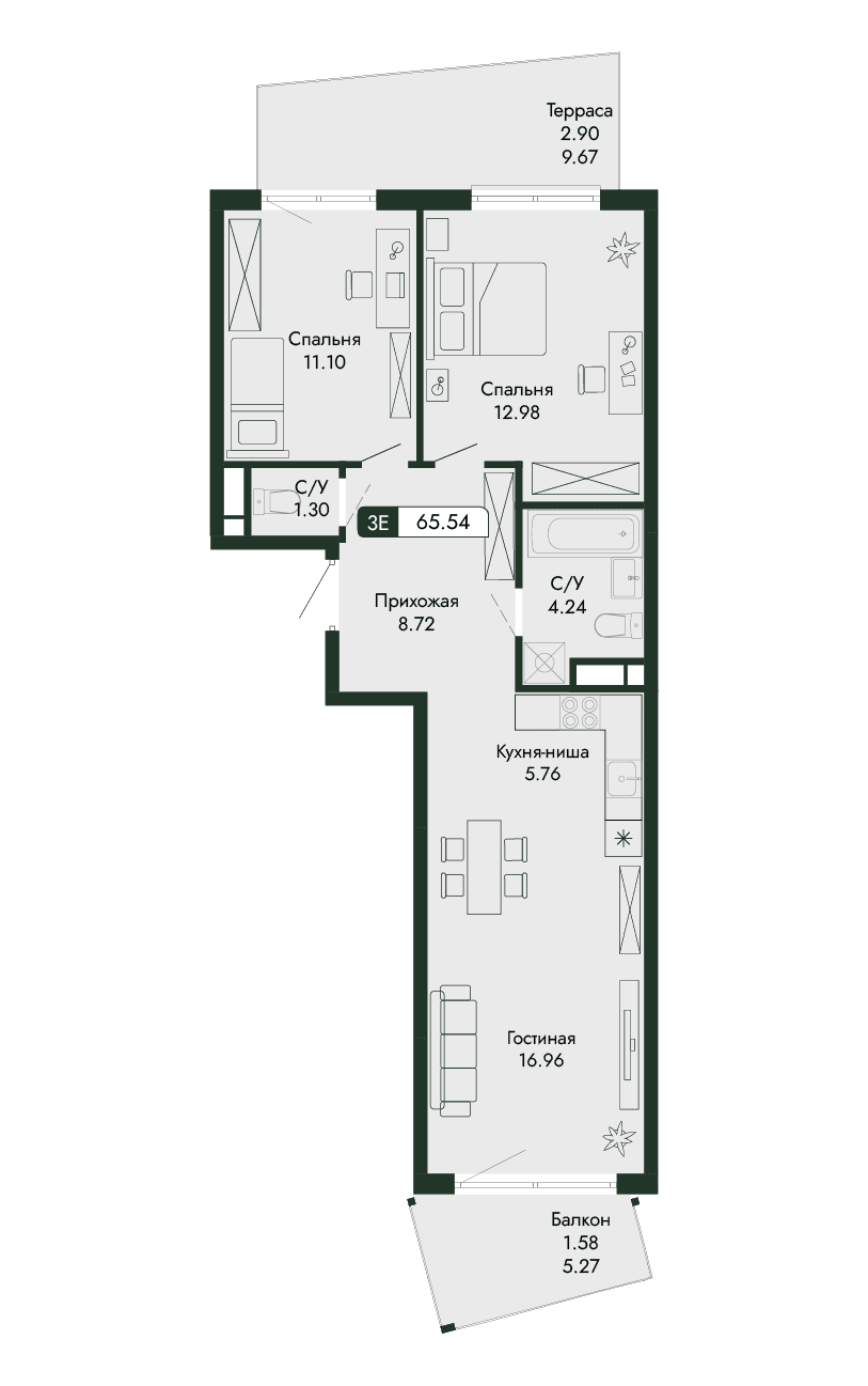 3-к, 65.54 м² · Парковая Резиденция