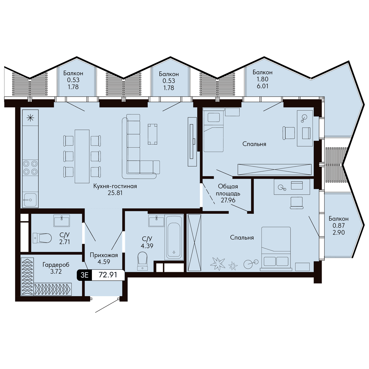 3-к, 72.91 м² · Ялтинская Резиденция