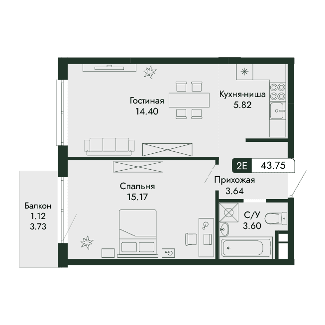 2-к, 43.75 м² · Парковая Резиденция