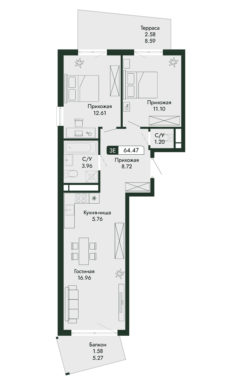 3-к, 64.47 м² · Парковая Резиденция